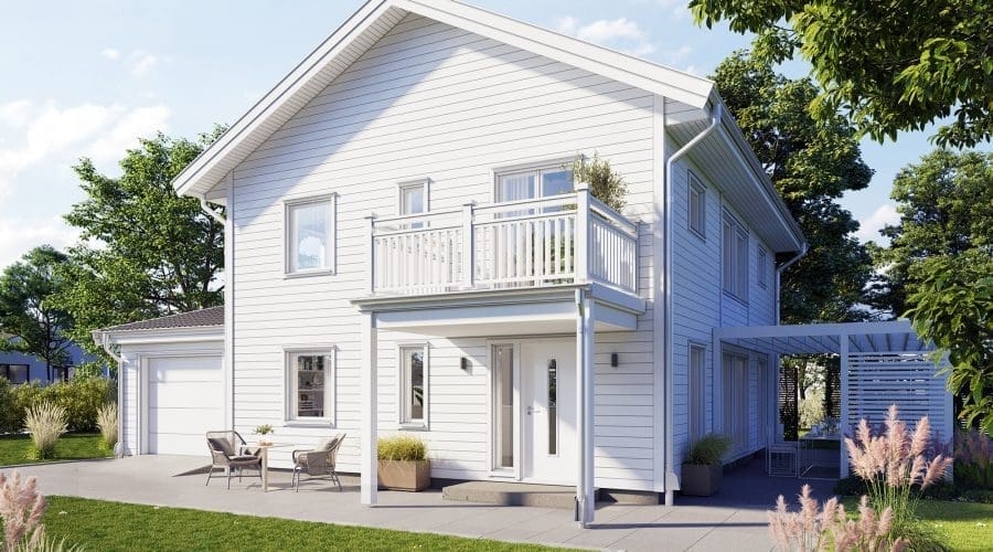 Haustyp Hagavik von Eksjöhus mit weißen Querpaneelen