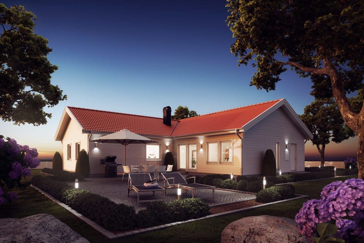 Barrierefreies Haus Prio 141 von Eksjöhus bei Dämmerung