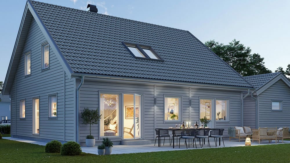 Hausmodell Prio 164 von Eksjöhus in der Dämmerung
